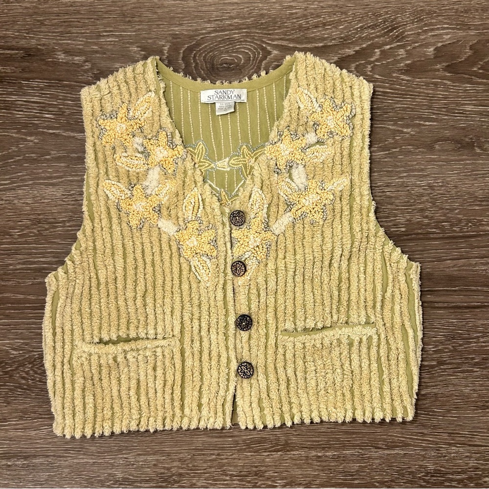 SOLD  Cropped Vest, Sandy Starkman, Women’s Size Medium, Embroidered Flowers